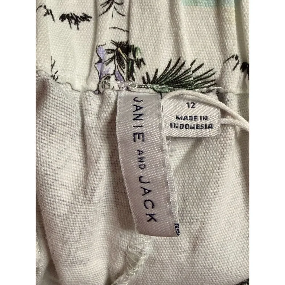 Janie and Jack White Tropical Palm Print Cotton Smocked Shorts Flamingo Girls 12